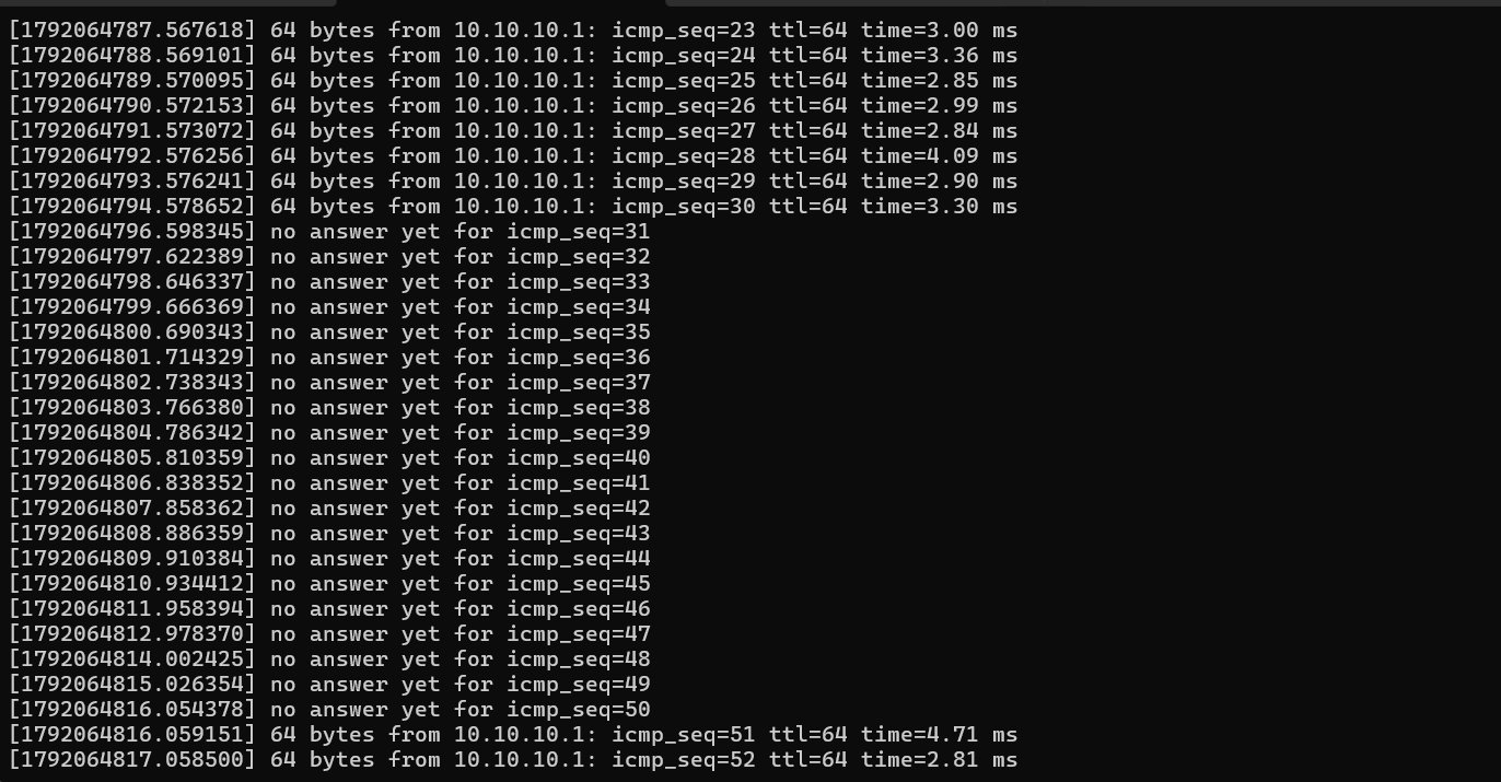 Continuous ping through the tunnel: 20 pings with no answer while the tunnel is down, then replies resume